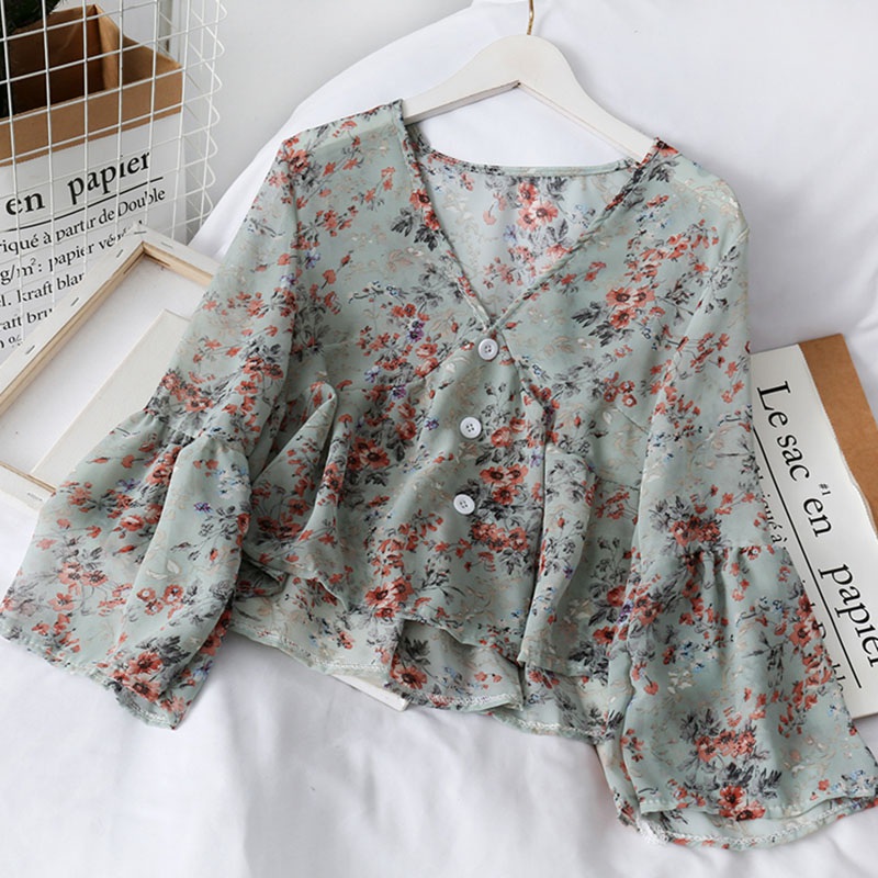 Blusen Frauen Temperament V-ausschnitt Blumen Druck Süße Kleine Frische Lange Ärmel Chiffon Hemd Herbst Alle-spiel Kurze Ernte oben: L / Beige