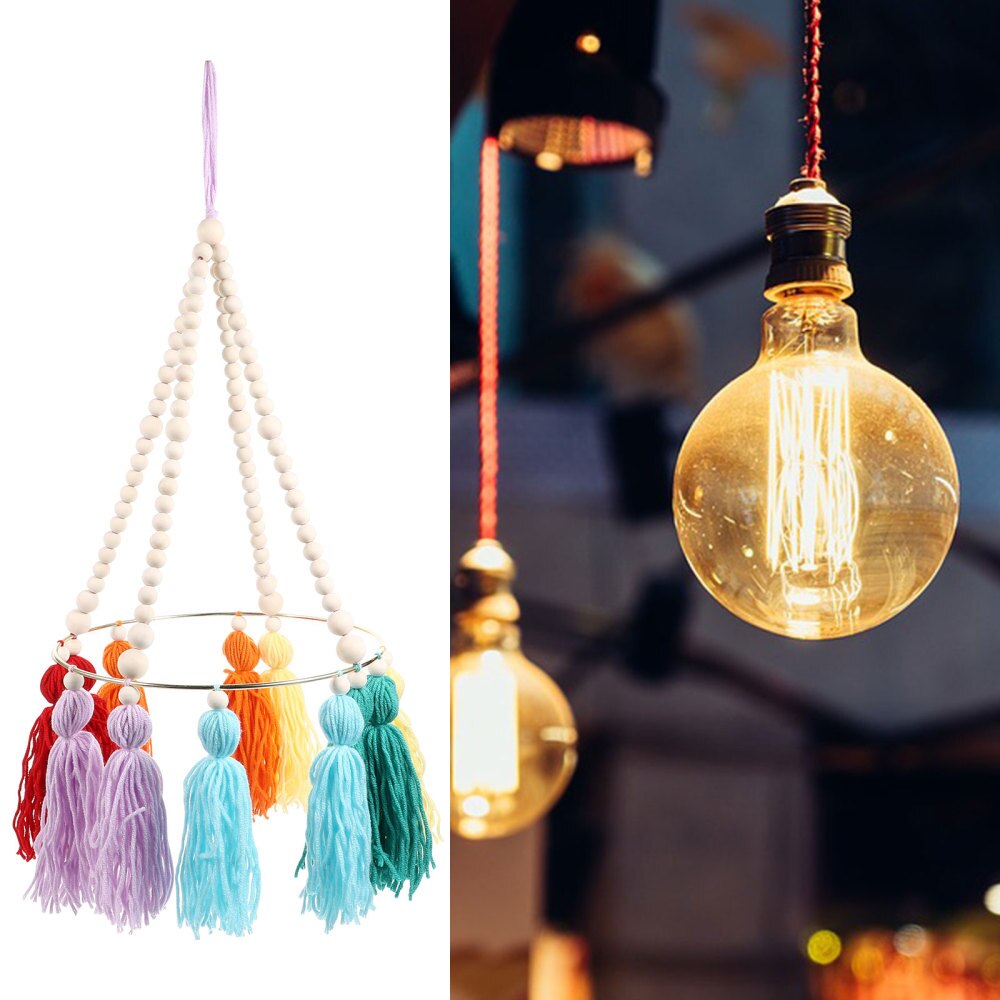 Wood Beads Hanging Lampshade Wood Bead Chandelier Pendant with Tassels