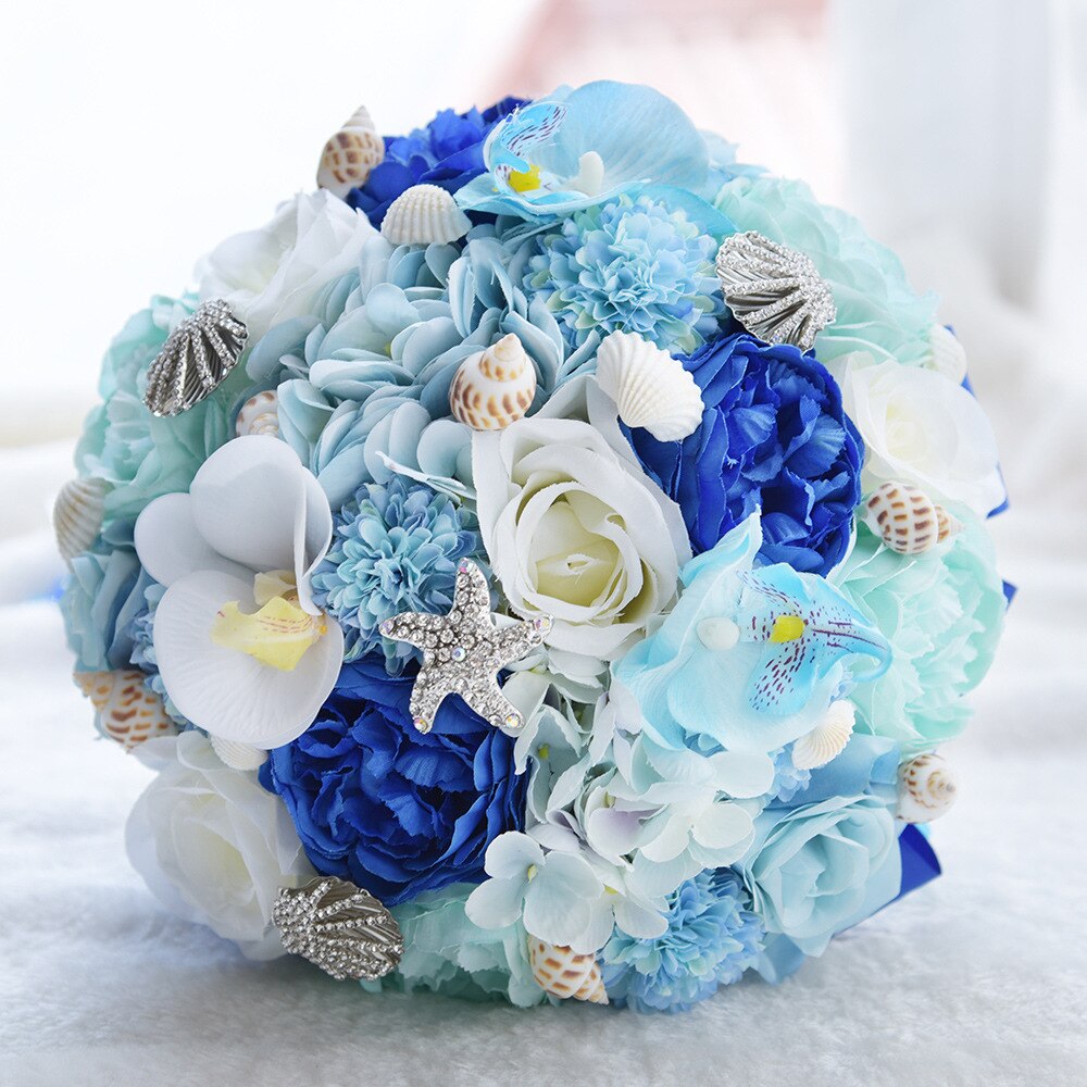 Strass Zeester Shell Bruid Boeket Bruiloft Ceremonyparty Desktop Accessoires Kunstmatige Handheld Bloem Blauw