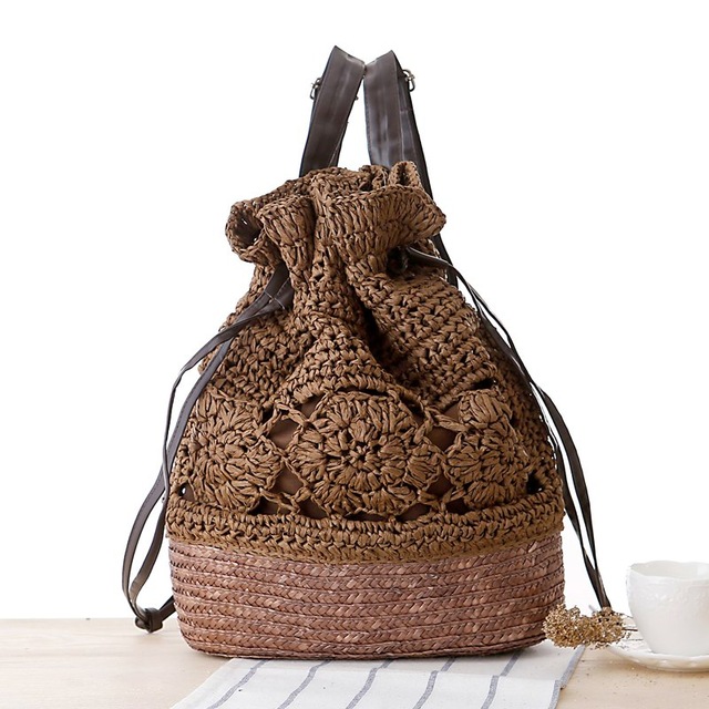 Bolso de paja de ganchillo para mujer, mochila de punto de vides para playa, bolsas con cordón, mochila de viaje, Bohemia: Brown
