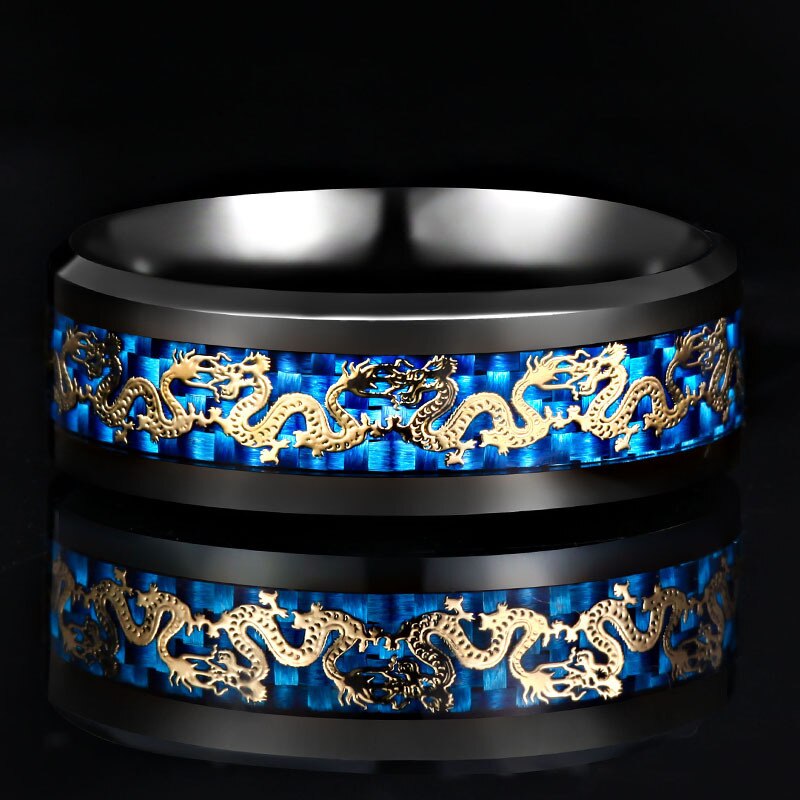 8mm hommes en acier inoxydable anneau classique en Fiber de carbone Dragon incrustation anneau pour hommes anniversaire bijoux de mariage bijoux