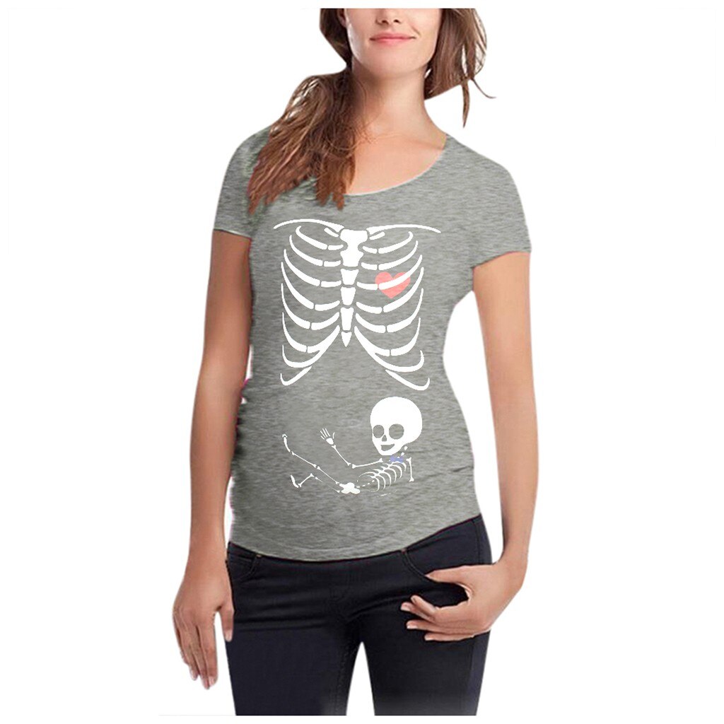 Grande taille hauts de maternité à manches courtes squelette impression hauts grossesse chemise enceinte décontracté allaitement vêtements Ropa Embarazada: Gris / XL