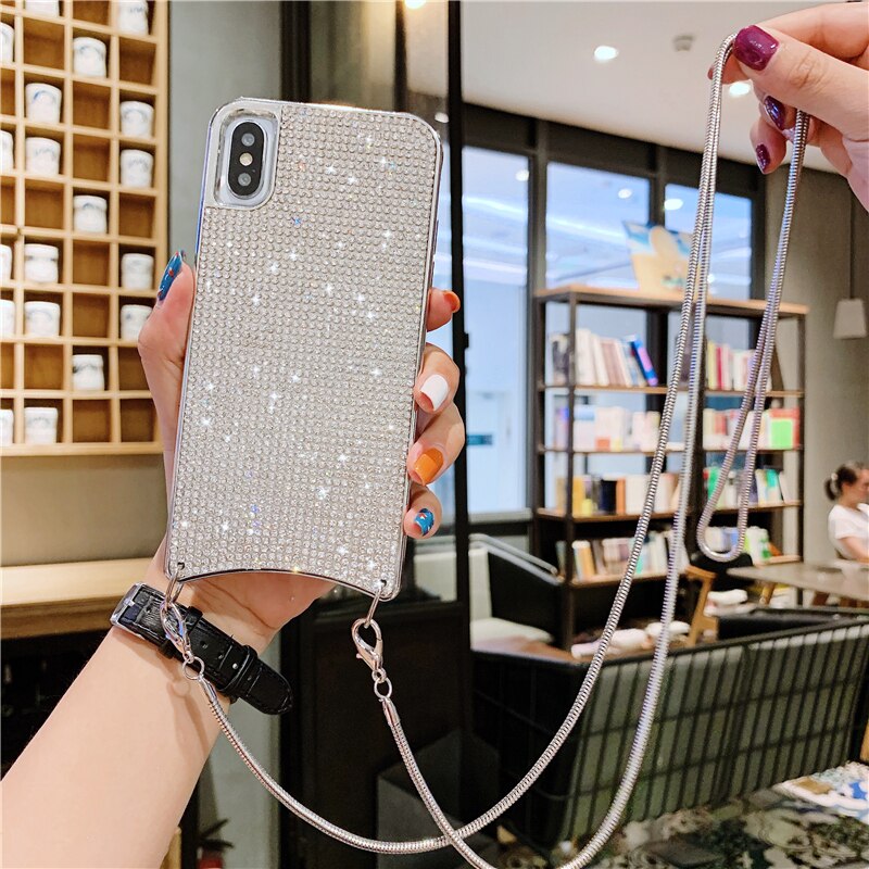 Custodia a tracolla con diamante pieno Bling a catena per iPhone 13 12 11 Pro Max XR Xs 7 Plus 8 6 6S XS SE2 borsa morbida con strass: iPhone 12 Pro Max