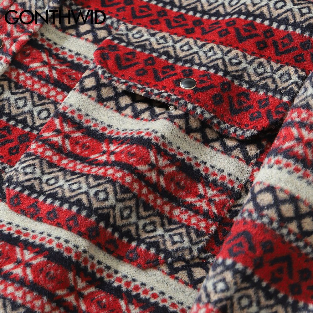 Gonthwide lange ermer tykke skjorter kåper streetwear hip hop geometri farge blokk stripete skjorter herre harajuku casual skjorte topper