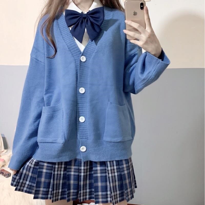 Skolepige uniform jk cardigan løs jk sweater frakke japansk skoleuniform japanske uniformer chandail: Blå / Xl