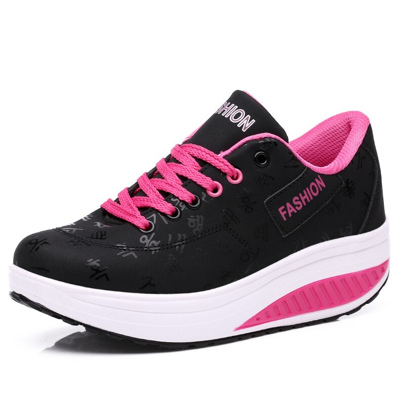 PU Lacing Women Toning Shoes 5.5CM Thick Soles Height Increased Breathable Wedges Swing Sneakers Autumn Slmming Shoes: black / 6.5