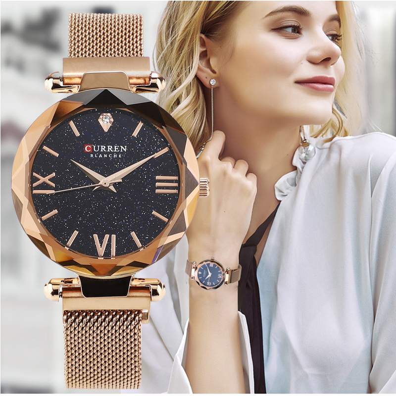 CURREN Luxe Vrouwen Horloges Mesh Dames Klok Magneet Gesp Starry Diamond Geometrische Oppervlak Casual Quartz Horloge