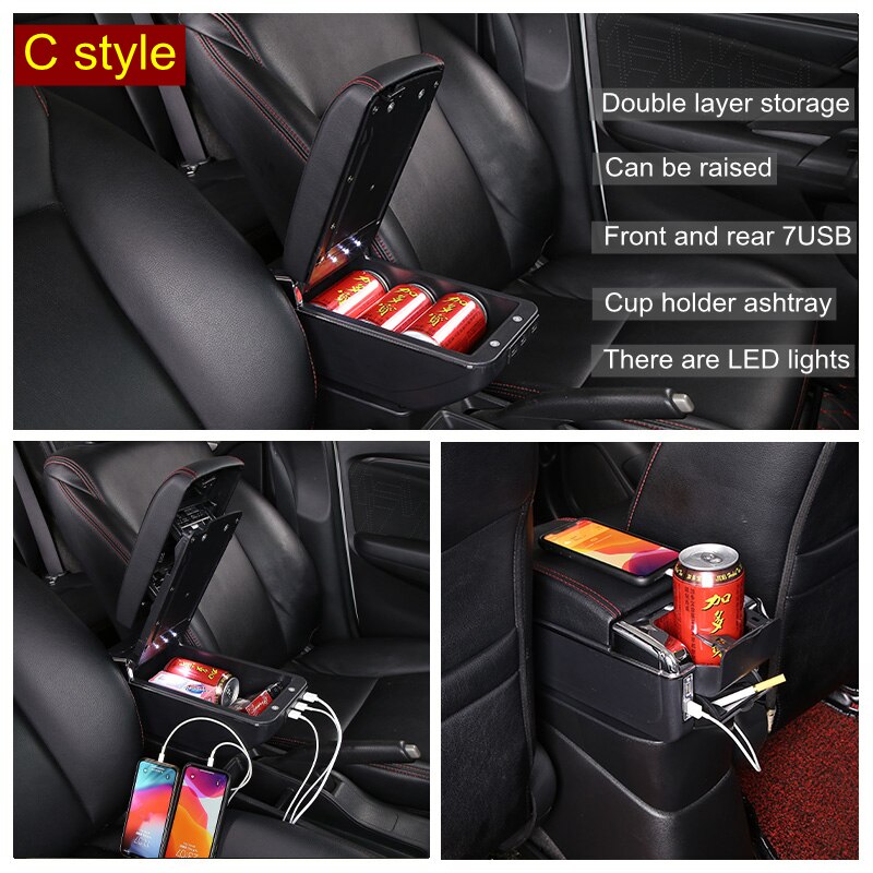 Armrest box for Ford Ecosport center console storage box cup holder ashtray spare parts car modified interior leather armrest: C Styke Black Red