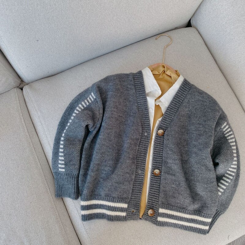 2021 vendita calda autunno ragazzi ragazze maglione cappotto grigio nero Patchwork maniche lunghe Cardigan giacche bambini maglieria Casual E7333