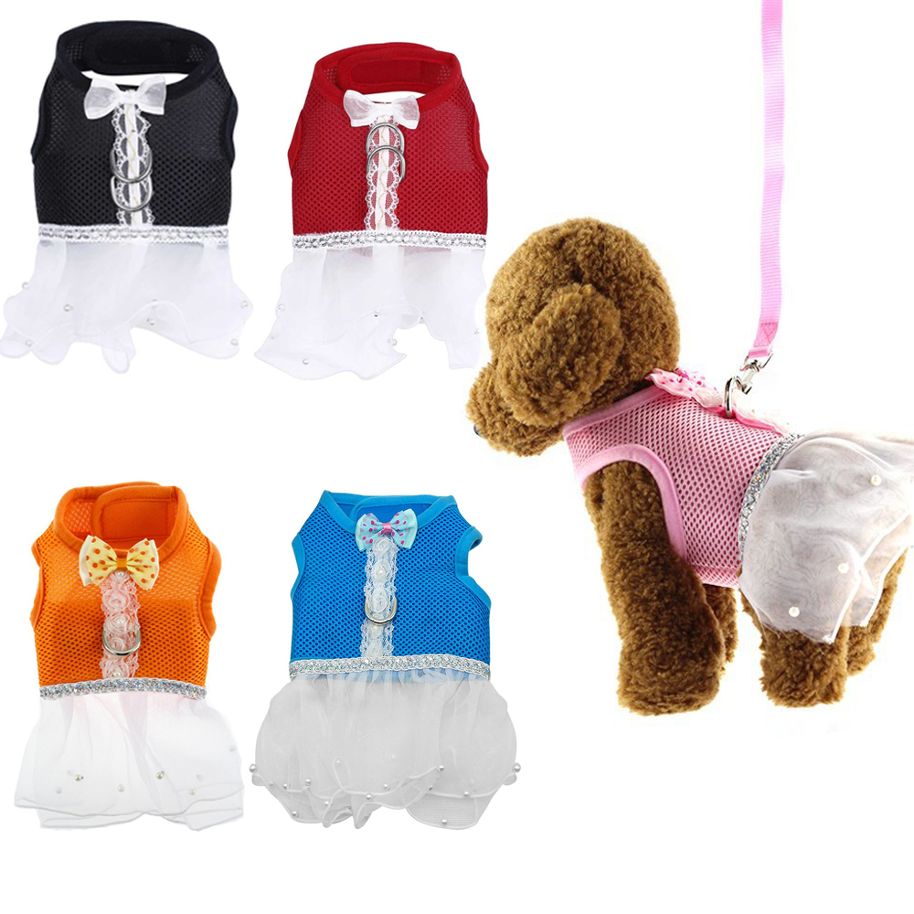 Conjunto de arnés y correa de malla para perro, en 5 colores, con pajarita, para perros pequeños y gatos, collar de arnés, falda de tutú de encaje para mascotas, chaleco, arnés, ropa, suministros