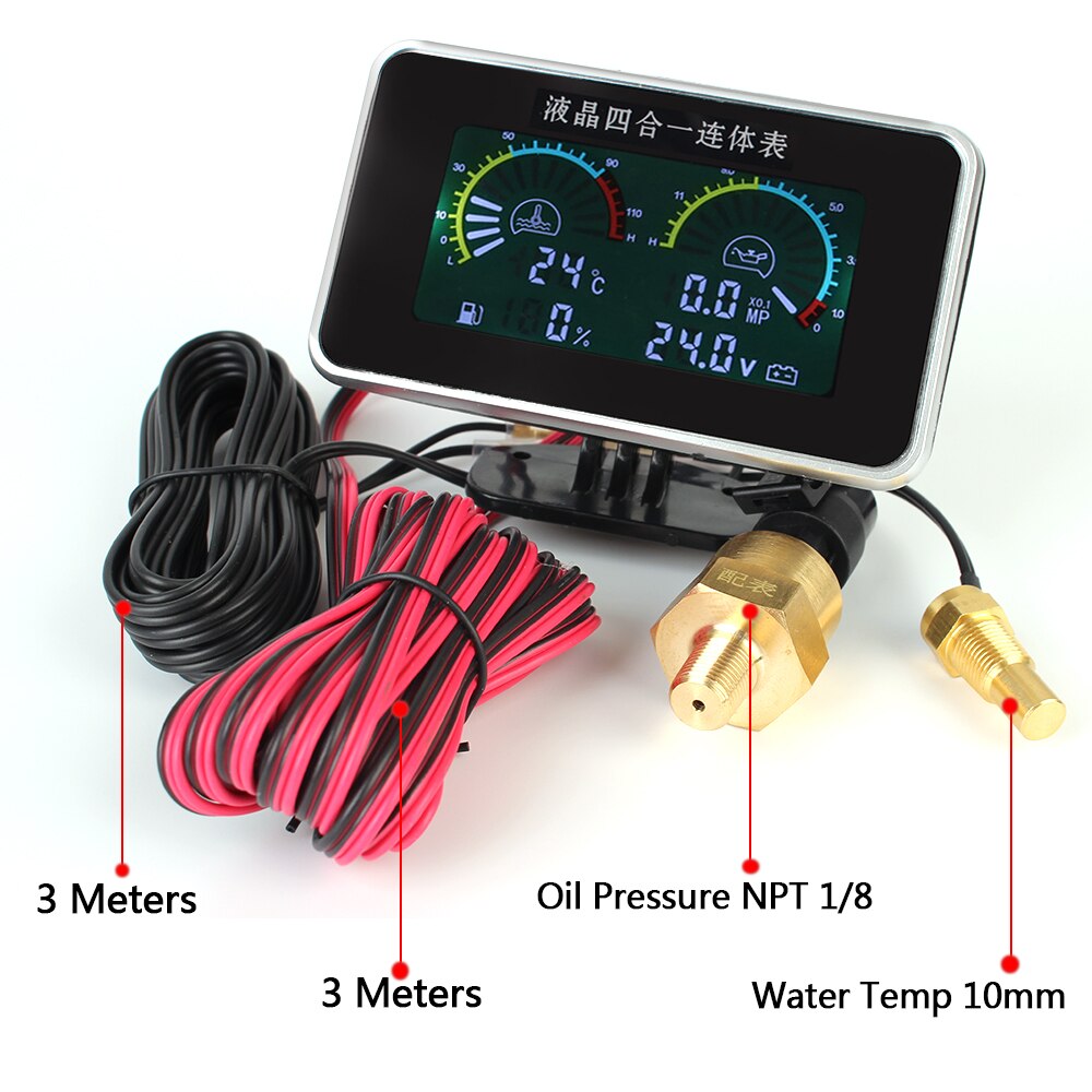 Digital Display Sensor Instrument Panel Voltmeter Water Temp Meter LCD Car Digital Oil Pressure Gauge Car Modification 4 In 1