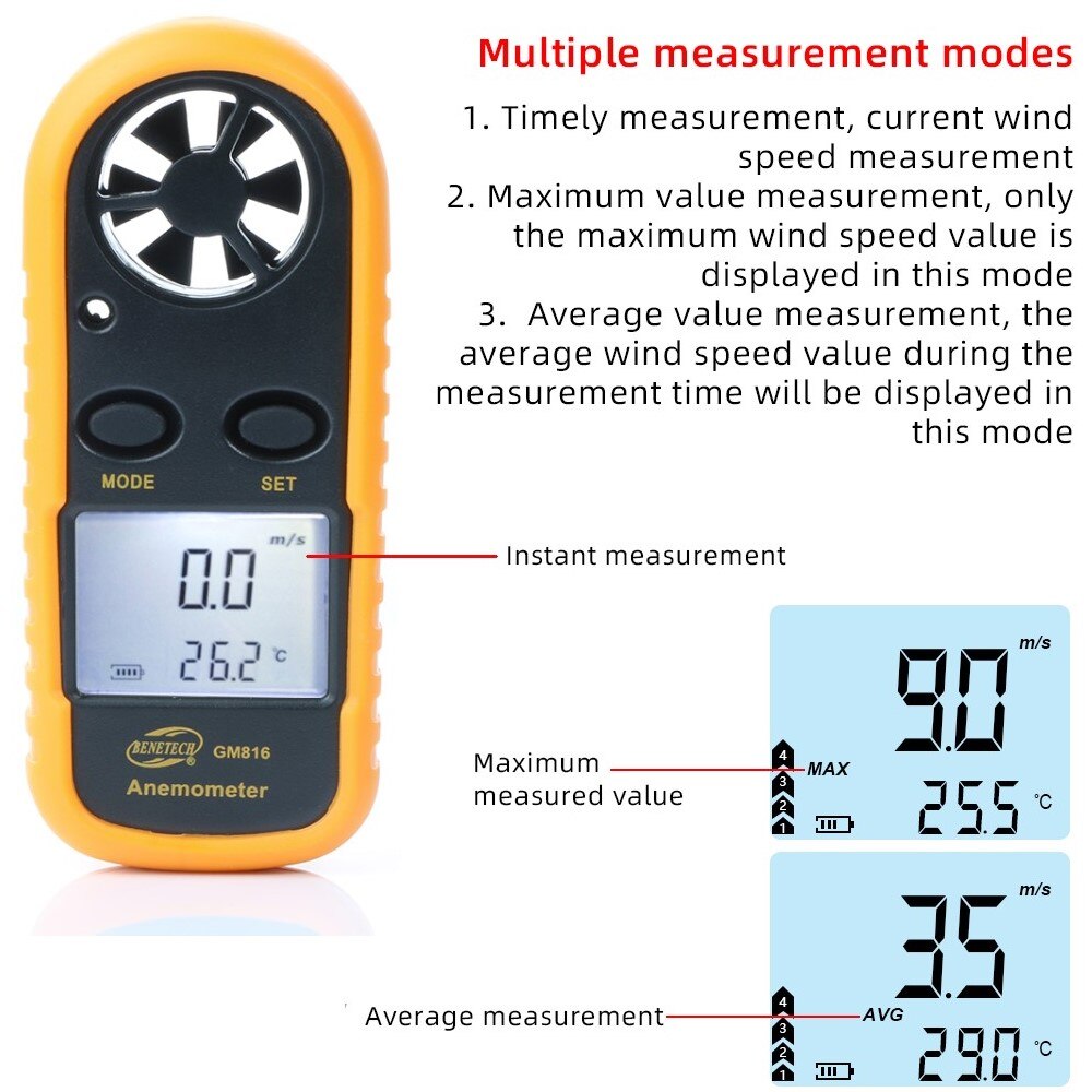 Digital Anemometer Mini Air Velocity Airflow Temperature LCD Backlight Wind Speed Meter Windmeter 30m/s Hand-held 30% off