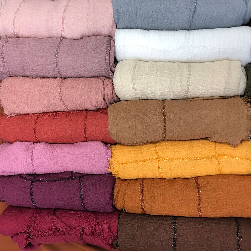 Hijab en coton déchiré pour femmes, , froissé, sertissage, turban, avec paillettes, lignes en dentelle, écharpe de tête, châle,