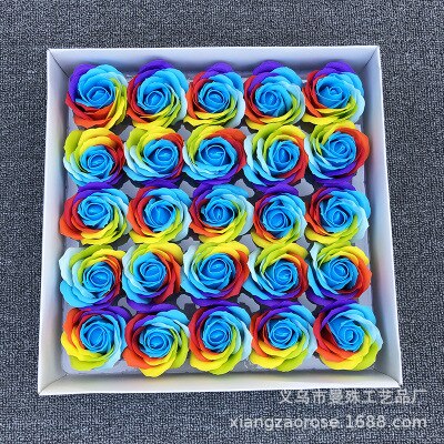 25 Stks/doos Kleurrijke Zeep Rose Decoratieve Bloemen Zeep Bloemblaadje Bruiloft Gunsten Valentijnsdag Cadeau Regenboog Rose Boeket: Medium Blue Core