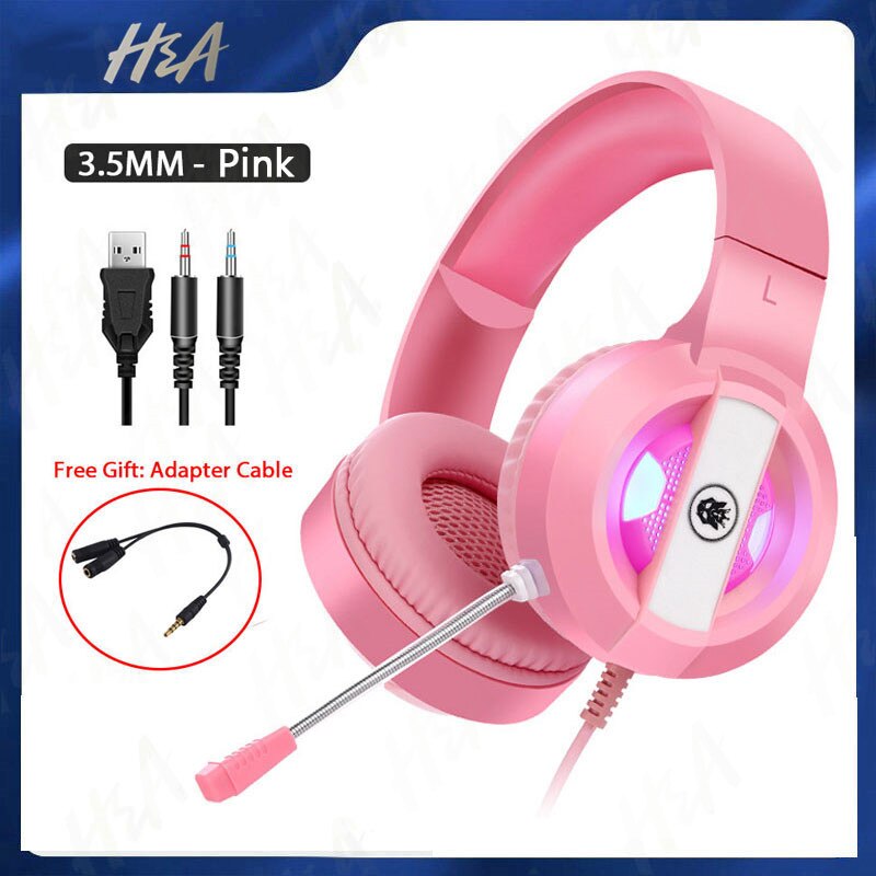 H&A Gaming Headset - 7.1 Surround Sound - Wired - with Microphone - for PC, PS4, Computer: 3.5mm Pink