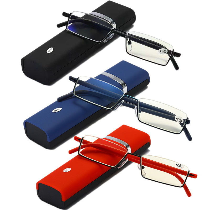 Gafas de lectura flexibles de medio marco con caja para hombres y mujeres, gafas portátiles antiazules, gafas para presbicia Unisex + 1,0 a + 4,0