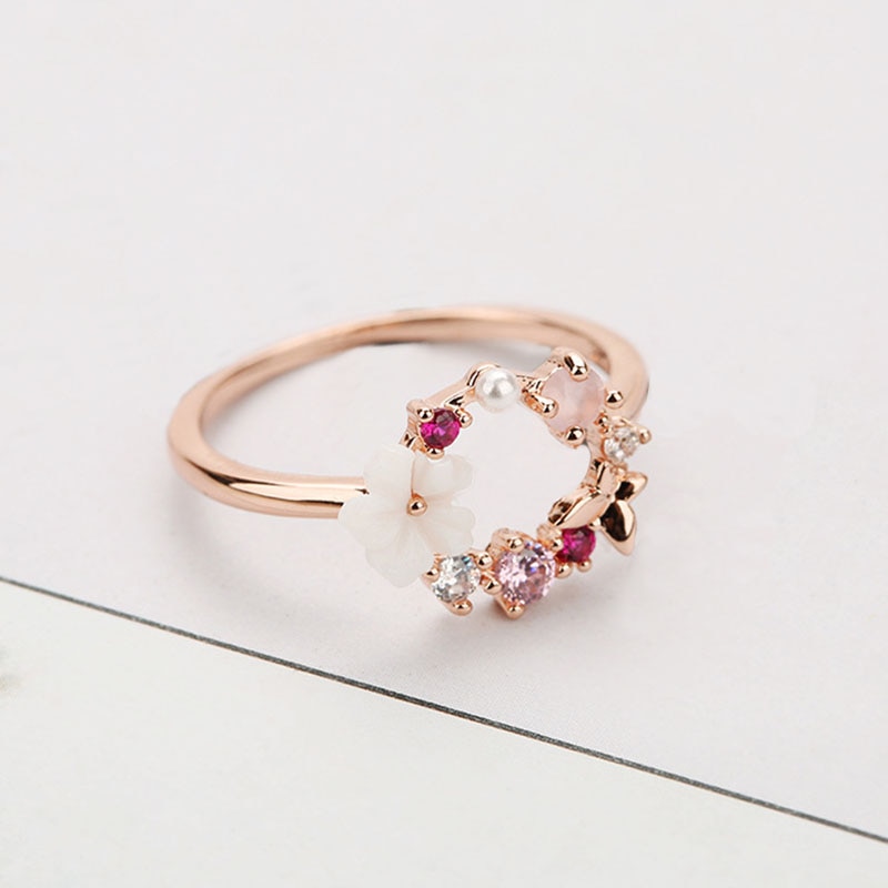 Anillo de Glamour 7 9, oro rosa, 8 cristales, 10 anillos de boda, 1 tamaño de unidad, 6 flores de mariposa creativas a la , flor de circón