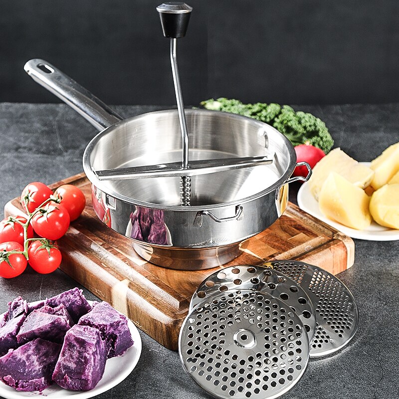 Rustfrit stål gode greb mad mølle belaste frugt grøntsager kartoffelmos 2 liter kapacitet 3 fræseskiver opvaskemaskine sikker
