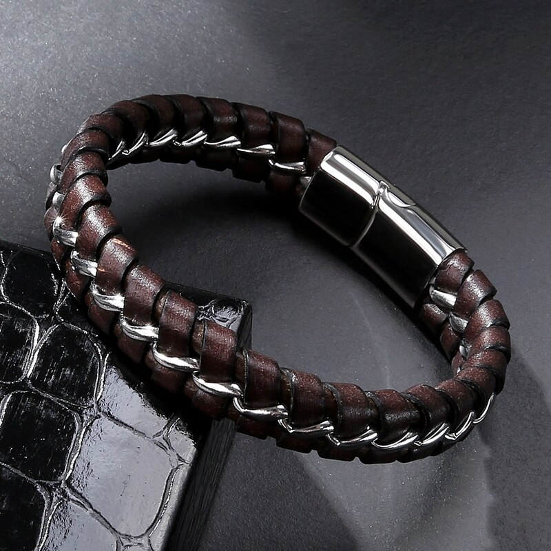 MOZO Neue Männer Charme Leder Armbänder Edelstahl Kette Armbänder Punk Felsen Männer modisch Schmuck