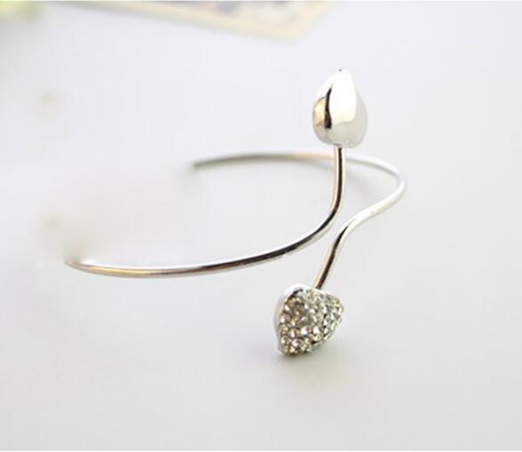 Gold Silver Color Open Bangles for Women Double Heart Crystal Rhinestone Cuff Bracelet Charm Jewelry Adjustable: 2