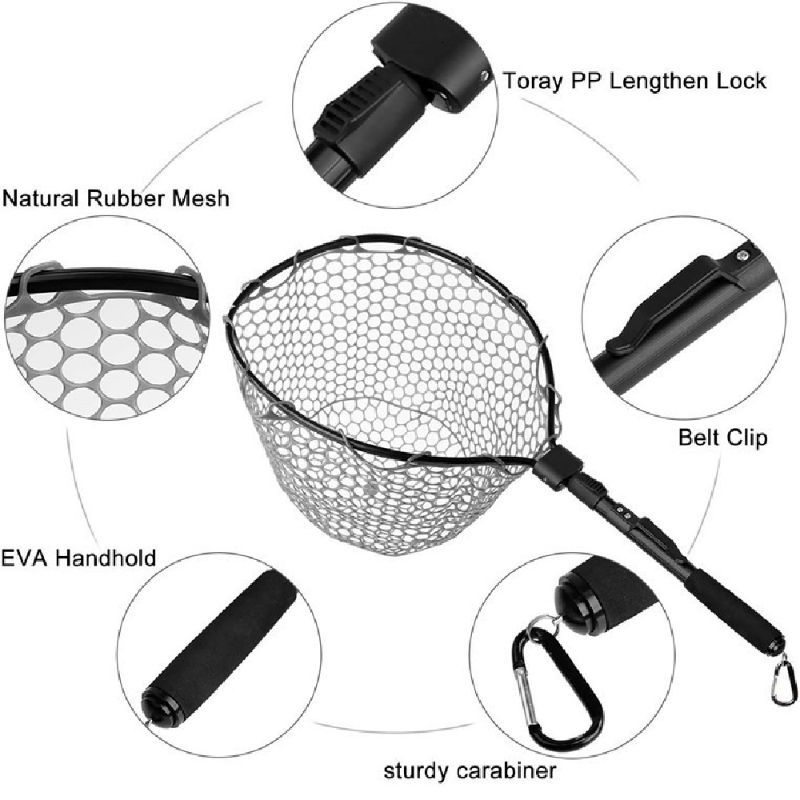 Fly Fishing Net Fish Landing Net, Trout Bass Net Soft Rubber Mesh Catch and Release Net
