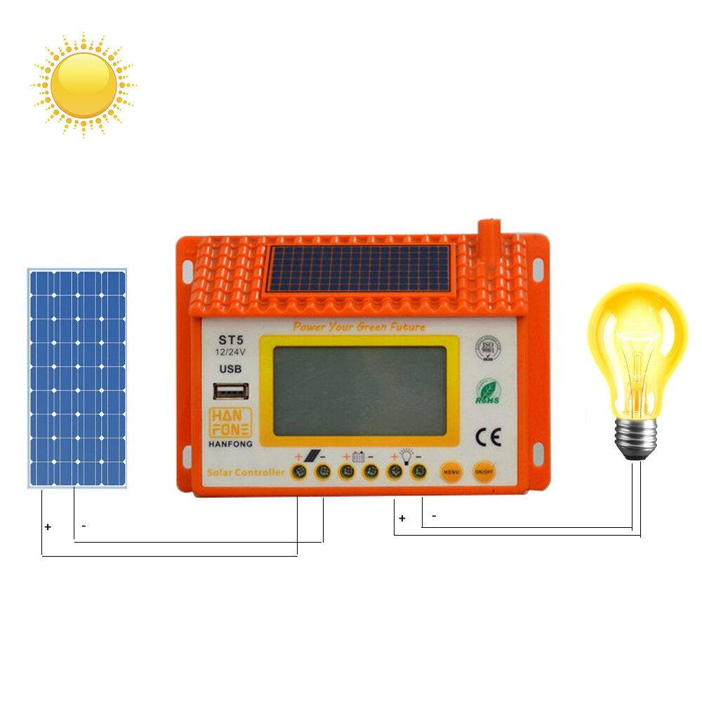 Solar Controller 12/24V 20A Backlight LCD Dual USB Solar Charge Controller Waterproof Panel Regulator Common Positive for Home