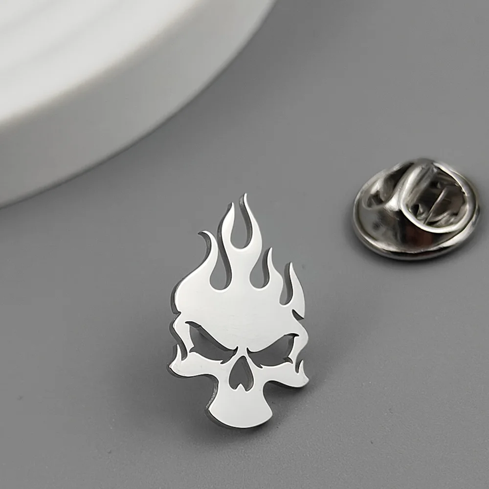Classic Skull Fire Symbol Brooches for Men Punk Stainless Steel Danger Sign Badge Pin Brooch Hip Hop Rock Party Accessories: Light Yellow Gold Color
