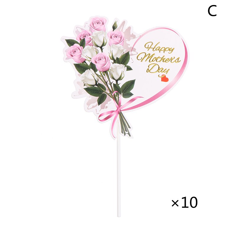 10pcs Cake Topper Pink Heart Flower Decoration Happy Mother`s Day Cake Toppers For Mother`s Day Cupcake Dessert Supplies: 3