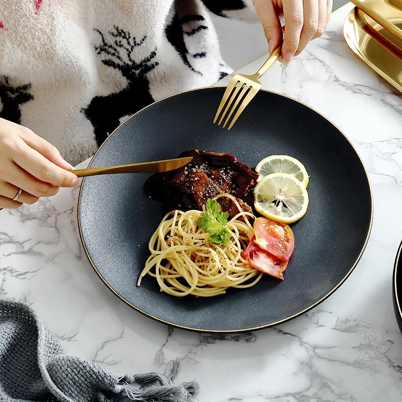 Vajilla dorada negra con borde, PARA CENA plato de cerámica, plato de arroz, ensalada, fideos, tazón para sopa, juegos de vajilla mate, herramienta de cocina