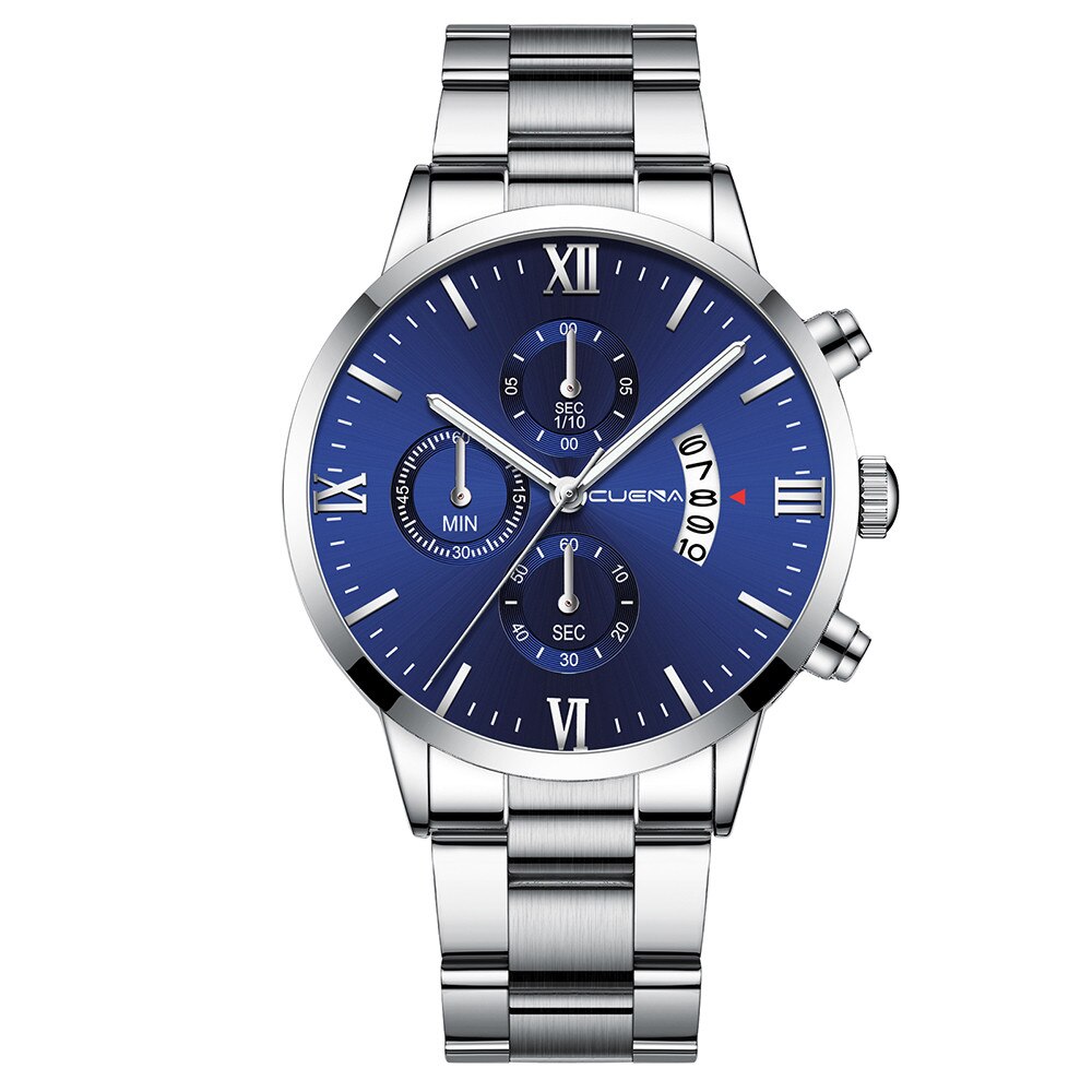 Cuena-reloj con correa de acero para hombre y mujer, cronógrafo de cuarzo con tres ojos, calendario de seis piezas,: Q