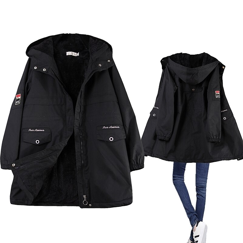Vinter fleece dam parkas dam huva medellång quiltad varm vinterkappa vadderad rosa blå dam vindjacka stor storlek: Svart parkas / Xxl