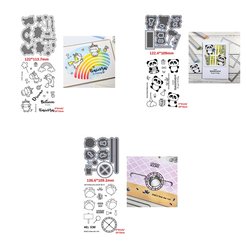 Piste curseur roue arc-en-ciel ballon bambou boîte matrices de découpe & clair timbres ensemble animaux cochon d'inde Panda licorne