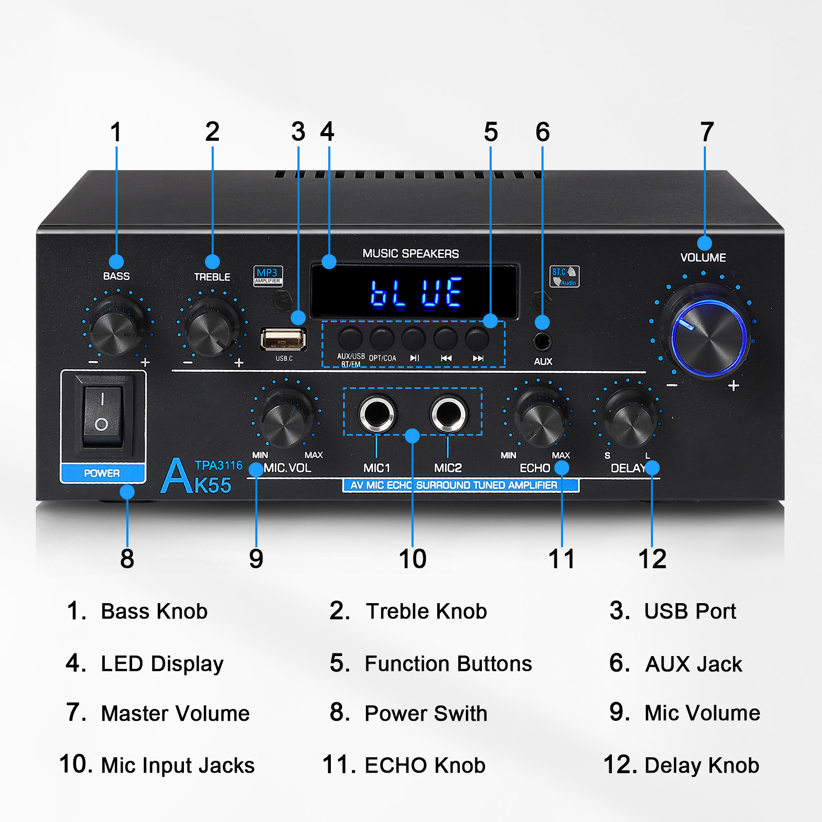 Woopker AK55 HiFi Audio Amplifier Max 900W Digital Bluetooth 5.3 AMP RMS 70W+70W Channel 2.0 Supports Dual MIC Inputs FM Radio