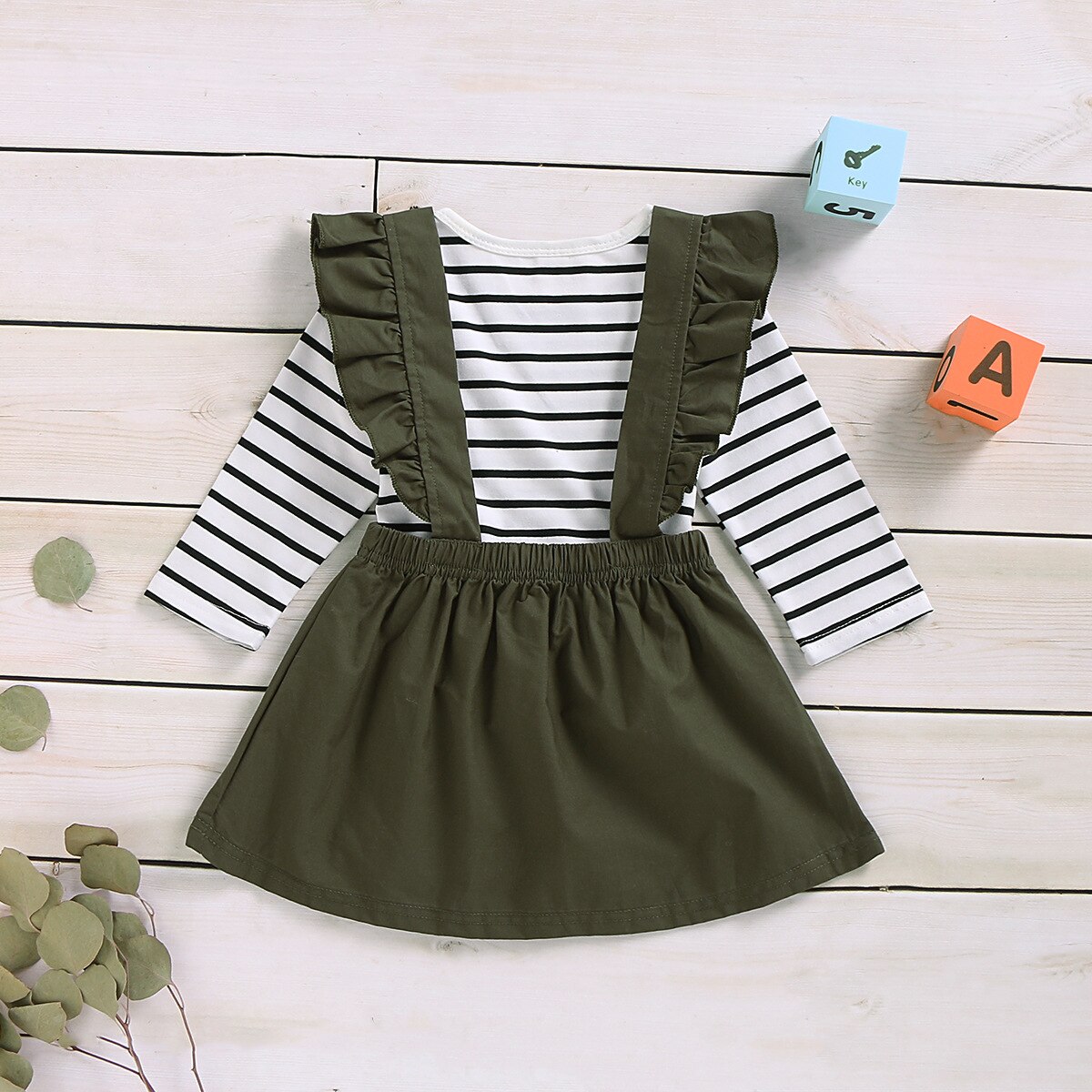 Meisjes Rokken Tweedelige Pak Lange Mouwen Gedrukt Gestreepte Tops En Meisjes Sling Kant Rok Kinderkleding