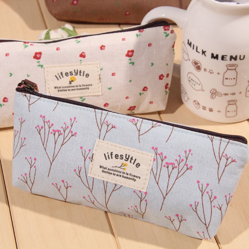Cute Kawaii Floral Flower Canvas Zipper Pencil Cases Fabric Flower Tree Pen Bags School Supplies