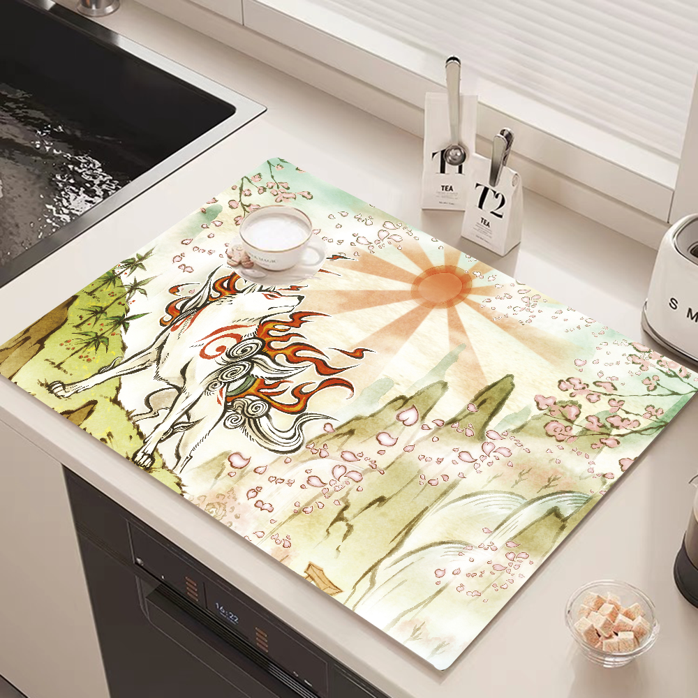 Jeu vidéo Okami Japanese Culture Kitchen Proximity Ining Polymers, Non-ald Drain Dish Mats, Coffee Pad, Heat Degree Napperon, Dinnerware: 45X140CM / Gris clair