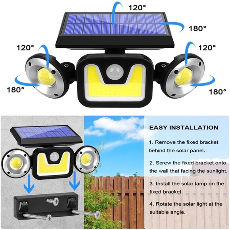 Solar buitenlamp met 74 leds, wandlamp met pir-bewegingssensor, tuinlamp op zonne-energie, waterdicht, energiebesparend, straatverlichting