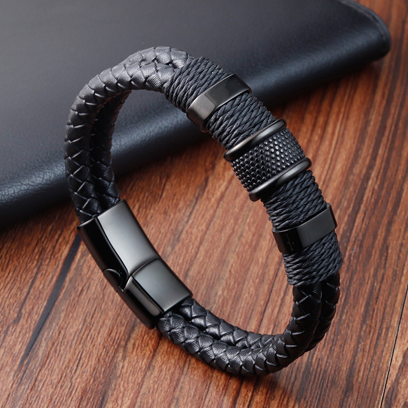 New Punk Men bracciale in pelle intrecciato a mano moda acciaio inossidabile fibbia magnetica bracciale in pelle per uomo regalo gioielli: 1