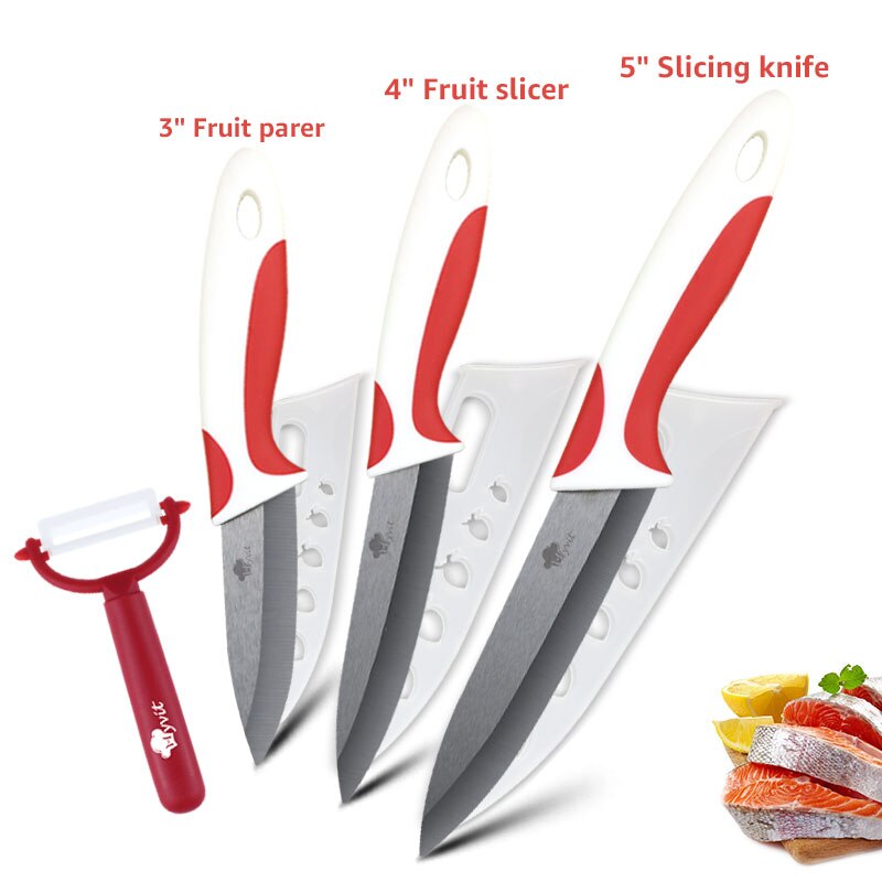 Kitchen Ceramic Knife 3 4 5 6 inch + Peeler Chef Paring Utility Slicing Fruit Vegetable Knife Black Blade Kitchen Cooking Tool: 345 RED WHITE