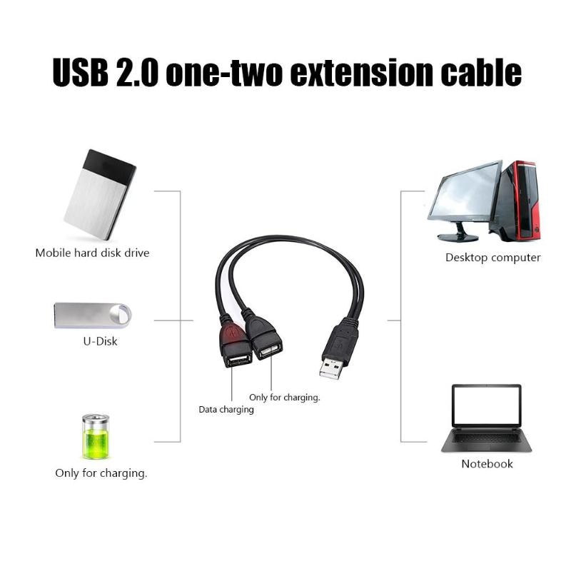 30cm USB2.0 przejście ze złącza męskiego na podwójne USB żeńskie USB ładowanie przedłużenie kabla zasilającego kabel USB Y rozdzielacz kable danych