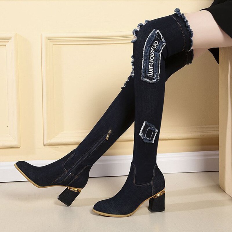 Denim damskie buty na buty do kolan szpiczasty nosek grube szpilki buty kobieta dorywczo dżinsy z frędzlami zakolanówki buty Botas Mujer