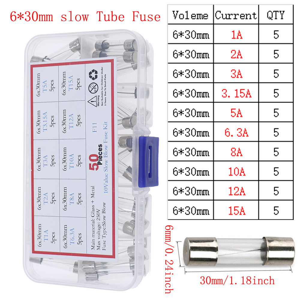 Fusible de vidrio lento y rápido de 12V-250V con kit de mezcla de cables de plomo 0.1A 0.25A 0.5A 1A 2A 2.5A 3A 3.15A 4A 5A 6A 6.3A 8A 10A 15A 16A 20A 30A