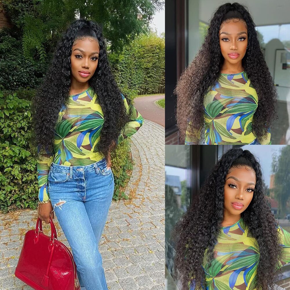 RONGDUOYI Long Deep Curly Wigs With Middle Part Resistant Fiber Hair Glueless Synthetic Lace Front Wig For Women Black Color