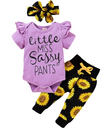 Baby zomer 3 -delige set babymeisjes jongens letter bloemen ruches korte mouwen romper top + broek + hoofdband: C / 6m