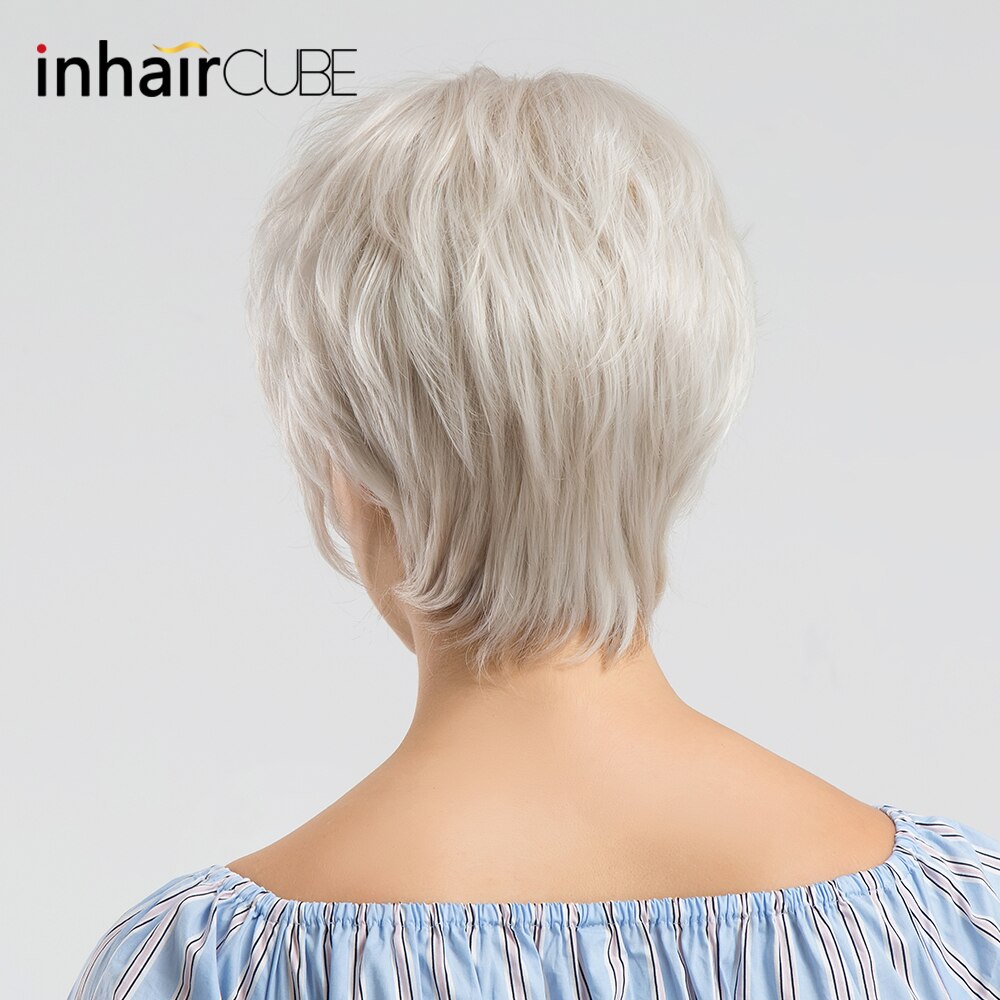 INHAIR küp sentetik karışımı saç doğal dalga kısa peruk patlama ile gri beyaz kabarık çok katmanlı peruk kadınlar için ücretsiz hediye