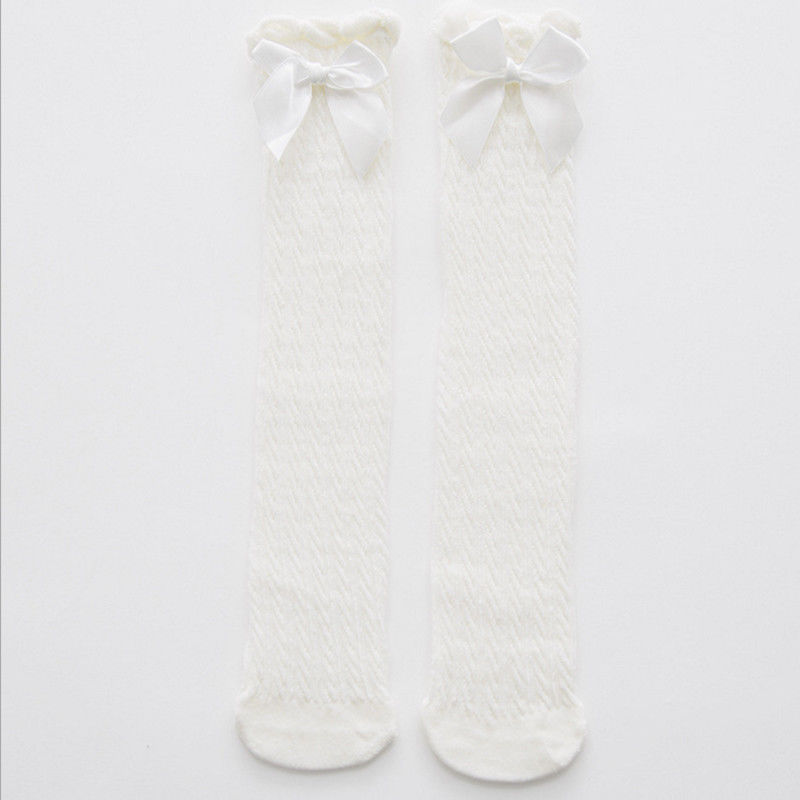 Nyfødt baby pige knæstrømpe bomuld åndbar sommer solid sløjfe lang til pige: Hvid / Størrelse 28cm