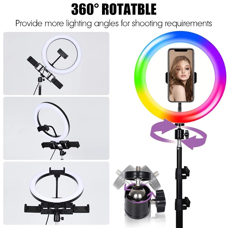 10 Inch RGB LED Ring Light - Dimmable Camera Lamp with Tripod Stand for Photo Video Studio