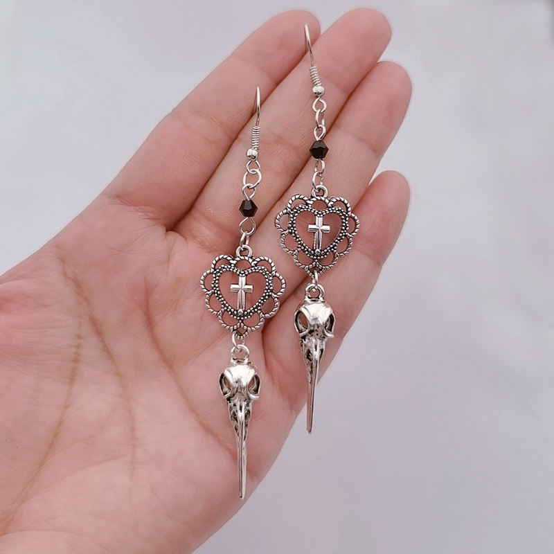 Gothic Heart Cross Bird Skull Earrings Jewellery Dark Art Goth Aesthetic Dangle Earrings For Alternative Girl Punk