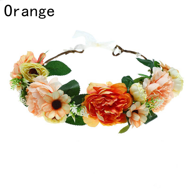 Lente Bohemian Bloem Kronen Strand Bloemen Guirlande Romantische Rose Bruiloft Kransen Haarband Hoofdband Bruid Haar Hoepel Accessoires: Orange