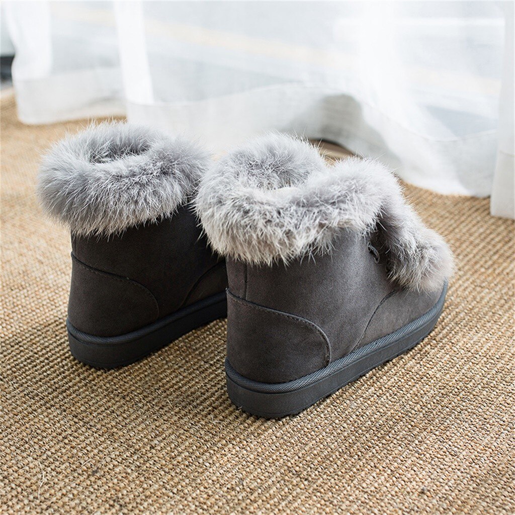 Oreilles de lapin femmes bottes de neige daim bout rond à lacets bottes chaudes avec peluche à l'intérieur tourner bord chaussures de pain d'hiver